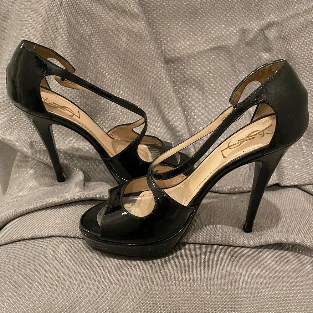 Yves Saint Laurent Black Patent Leather Peep-Toe Heels - Picture 5 of 7